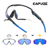A pair of black photochromic cycling sunglasses shown in various states of light adaptation.