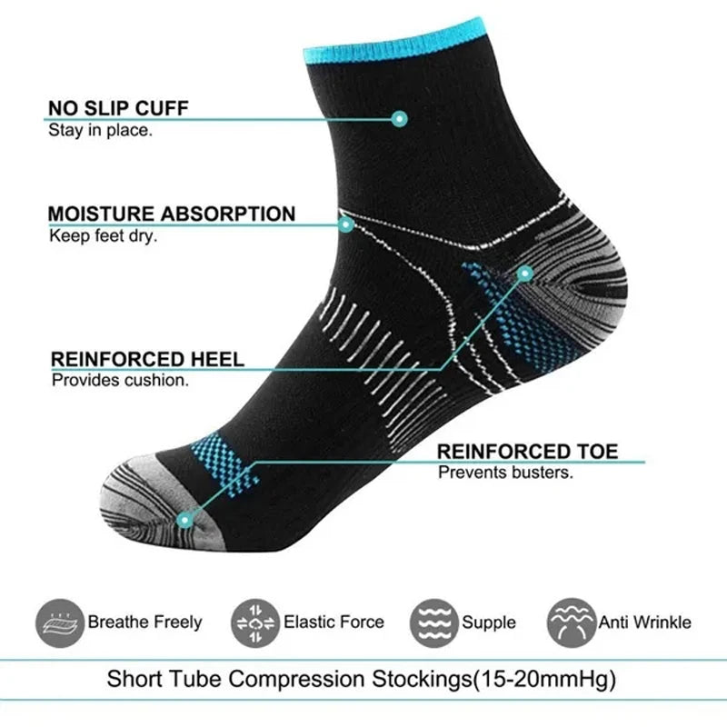 Black short tube compression stockings with reinforced heel and toe for foot pain relief