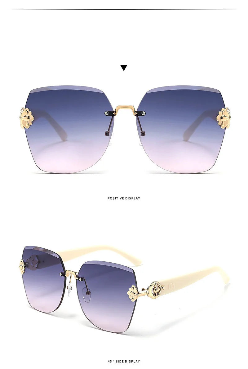 Light luxury frameless sunglasses for women with UV400 protection shown in a positive and side display.