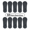 Ten pairs of dark gray men's invisible silicone no-show socks laid out in a row.