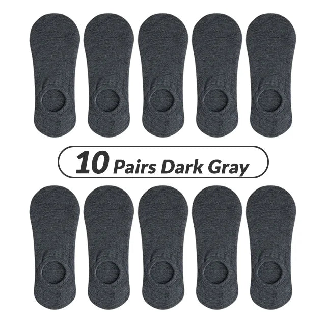 Ten pairs of dark gray men's invisible silicone no-show socks laid out in a row.