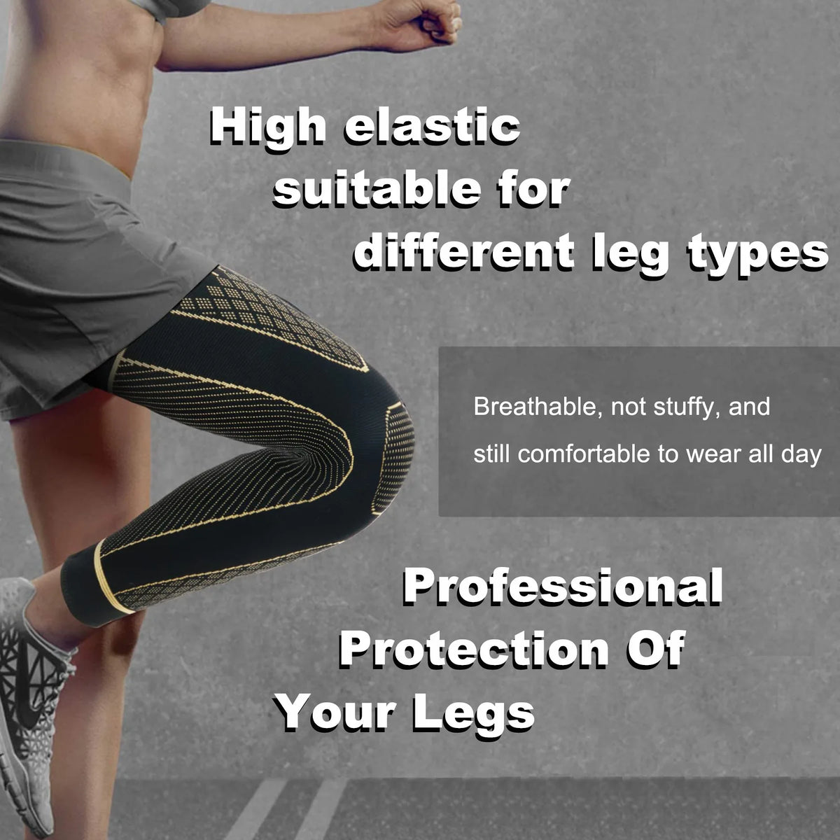A person wearing black, high-elastic compression sleeves on their legs.