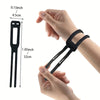 A hand is demonstrating an elastic pressure wrist strap for carpal tunnel relief, showing its size and application.