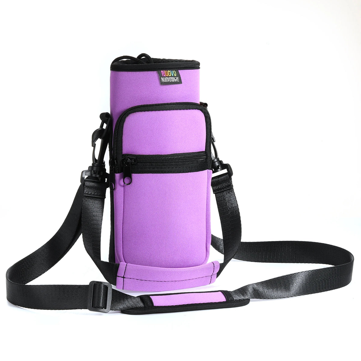 A purple adjustable sling water bottle carrier bag with black straps.