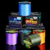 A collection of blue and green SOUGA braid fishing line spools and a spool of orange braided line.