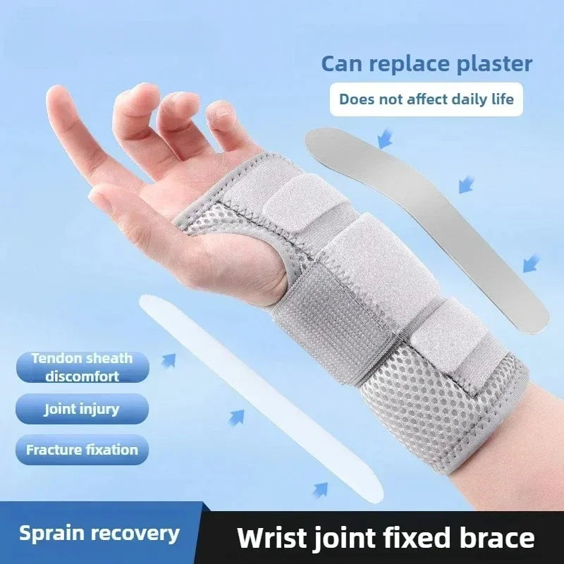 A hand wearing a gray wrist joint fixed brace for sprain recovery and fracture fixation.