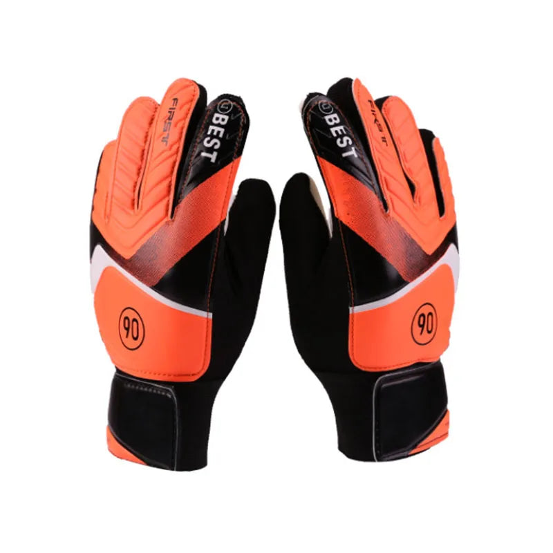 Pair of orange and black latex goalkeeper football gloves with BEST branding