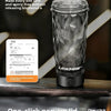 A clear glass shaker bottle with a black lid is shown on a dark surface, highlighting its premium features.