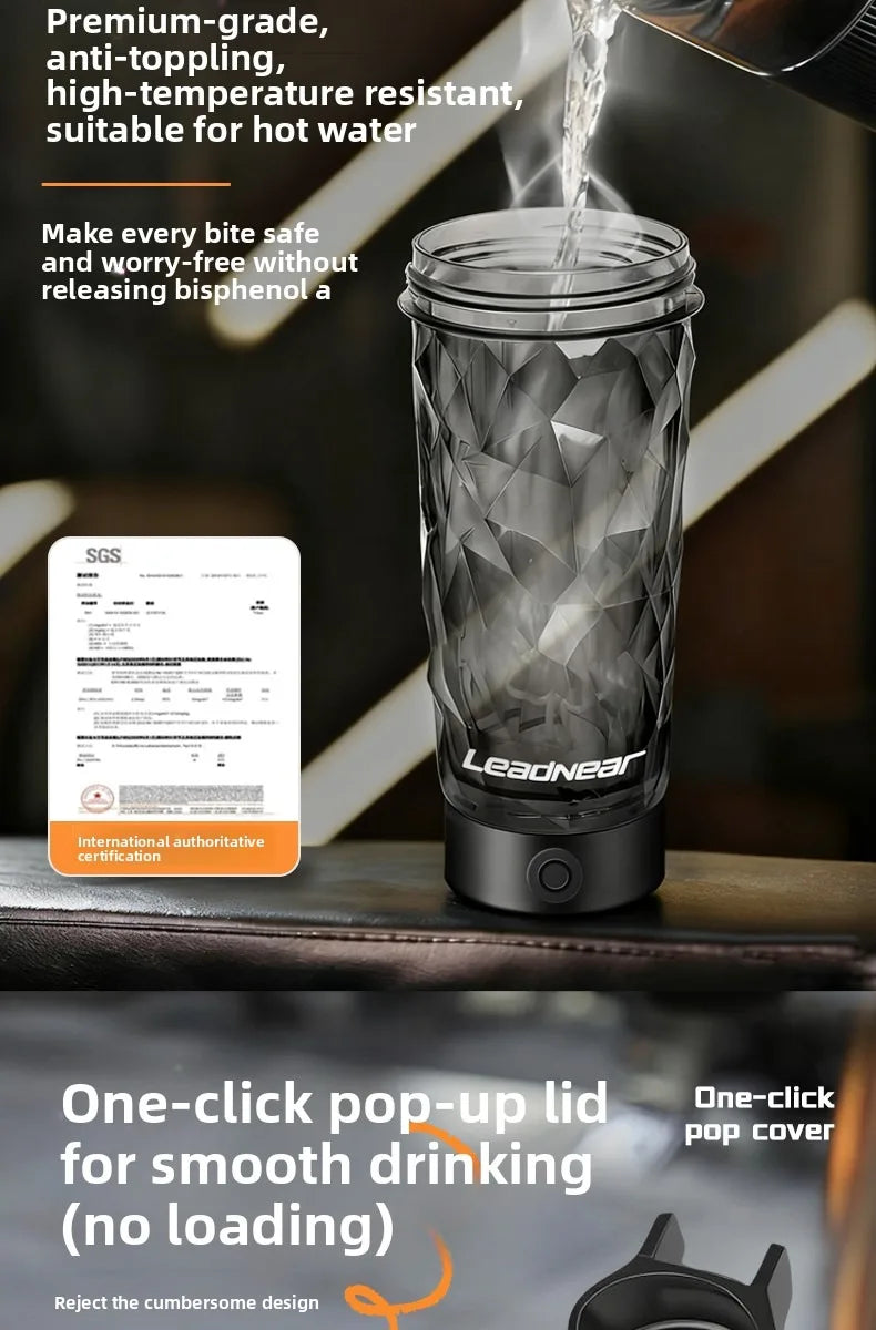 A clear glass shaker bottle with a black lid is shown on a dark surface, highlighting its premium features.
