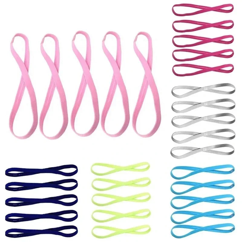 A pack of five elastic silicone sports headbands in various colors including pink, gray, blue, and lime green.