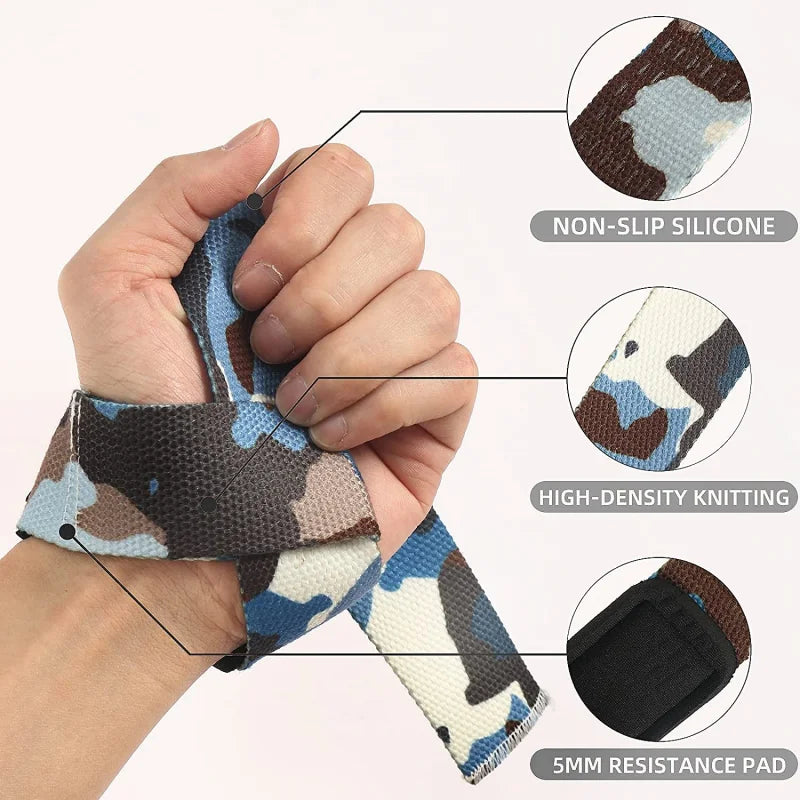 Hand demonstrates gym weightlifting straps featuring non-slip silicone, high-density knitting, and 5mm resistance pads.