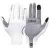 A pair of white and gray heavy-duty cycling gloves with silicone palm pads shown against a white background.