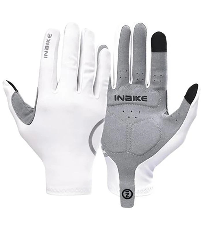 A pair of white and gray heavy-duty cycling gloves with silicone palm pads shown against a white background.