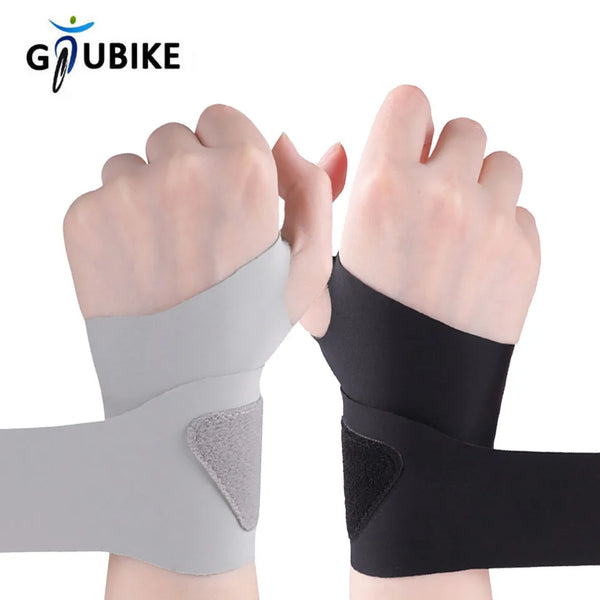 A close-up of a gray wrist brace and a black wrist brace being worn on two hands.