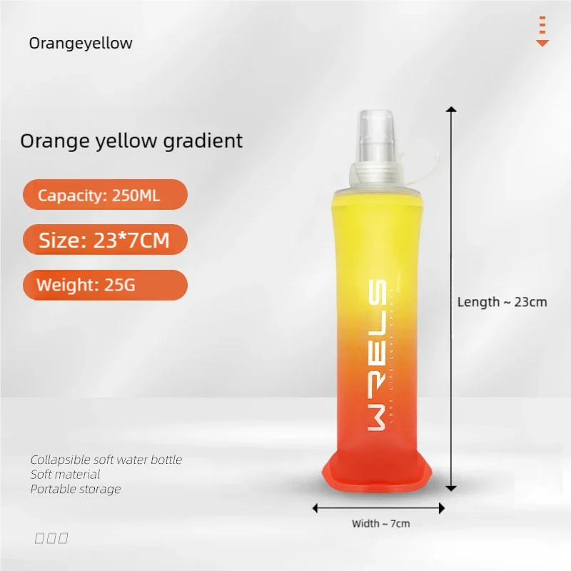 A yellow gradient liquid in a transparent bottle with an orange-colored base and white text on the side.