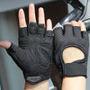 Black anti-slip fingerless gym gloves with wrist support shown on a hand.