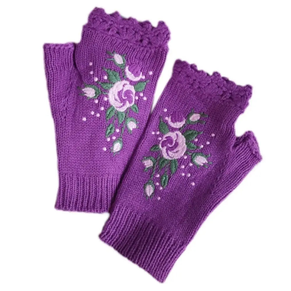 Embroidered Floral Bee Fingerless Gloves
