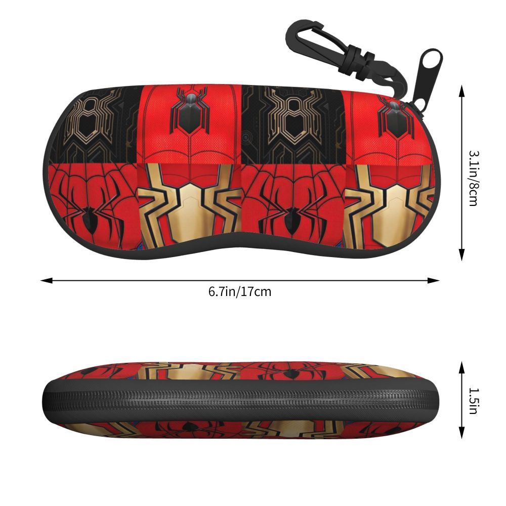 A black pouch featuring a red and black spider web pattern, designed to hold eyeglasses.