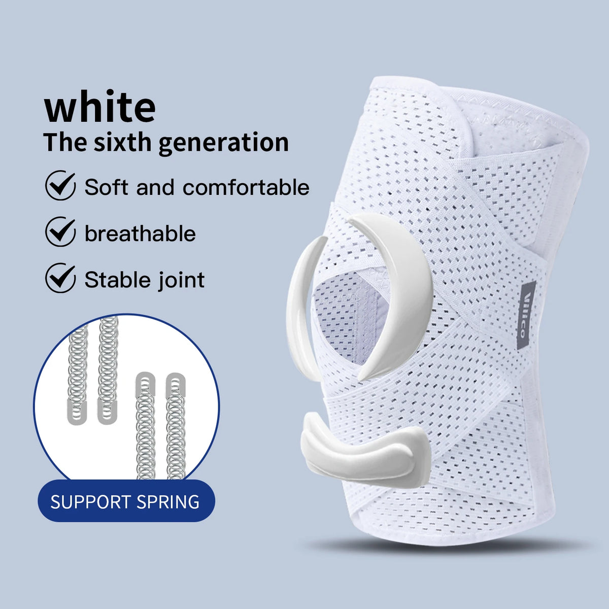 White sixth generation knee pads with support springs shown on a hand.