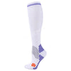 White medical grade compression socks with blue stripes and patterned toe area