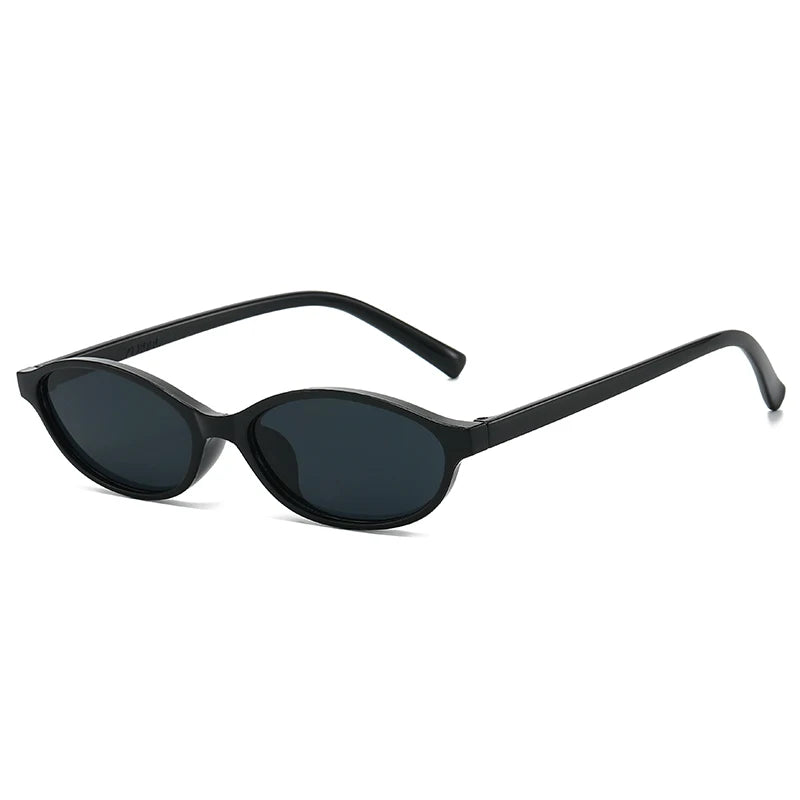 Black retro oval frame sunglasses with thin arms