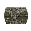 A dark olive green boho printed wide knotted headband folded and displayed.