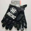 Black racing cycling gloves with a logo on the palm and fingers displayed on a white background.