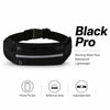 Black Pro running waist pack featuring a phone pocket, reflective strip, and adjustable belt.