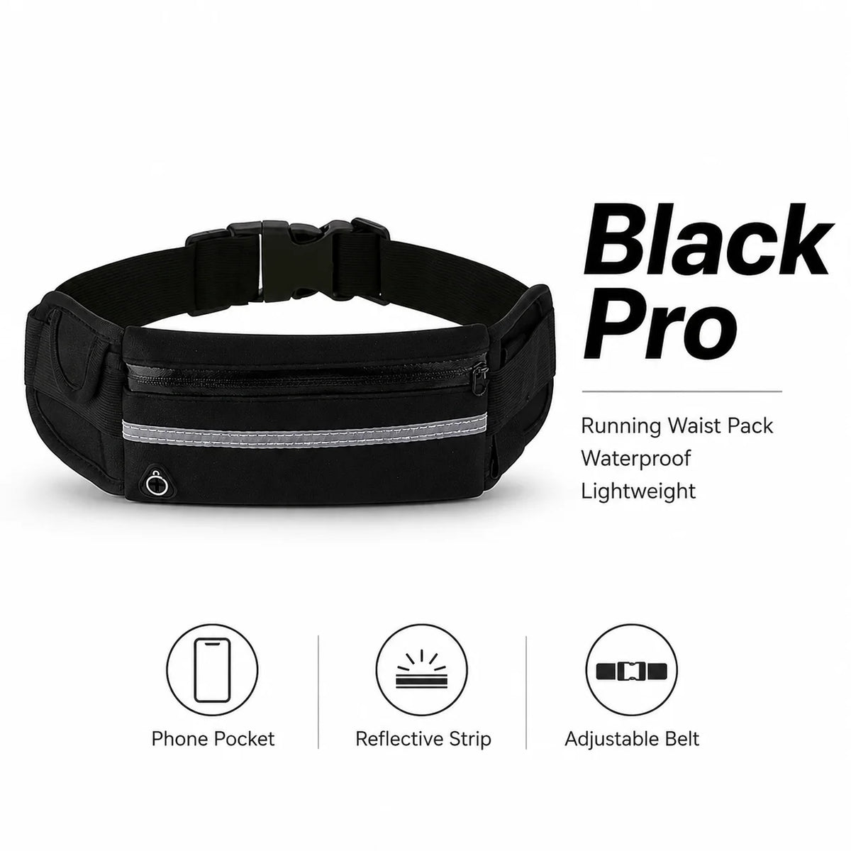 Black Pro running waist pack featuring a phone pocket, reflective strip, and adjustable belt.