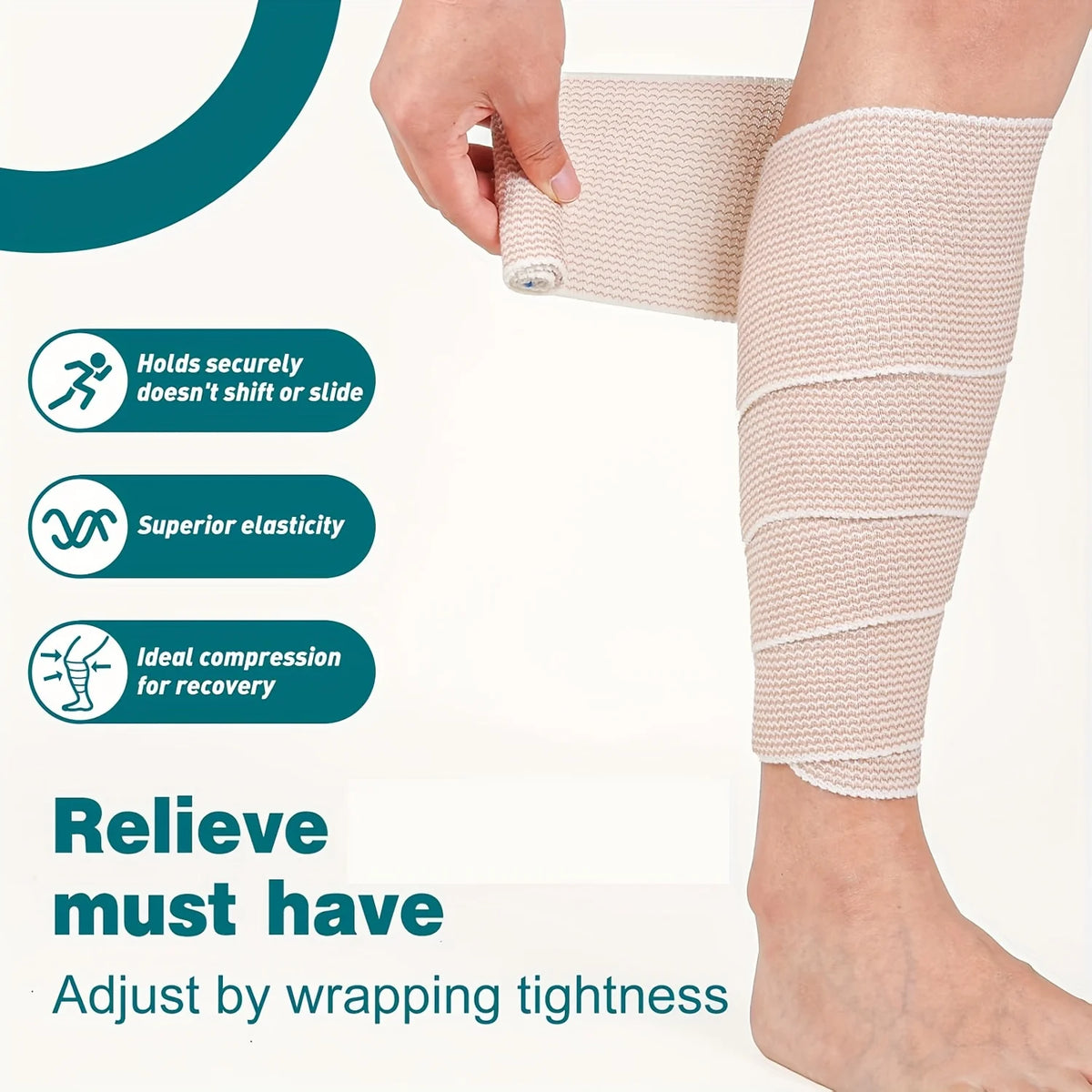 A hand is applying a beige elastic compression wrap to a person's lower leg.
