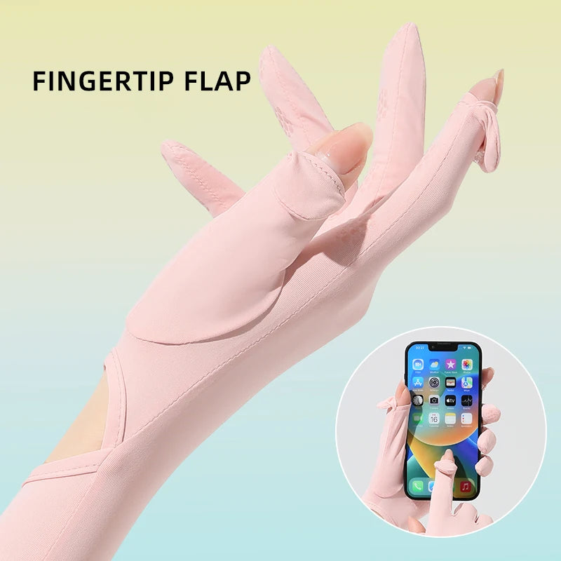 Pink fingertip flap sun protection arm sleeve being worn on a hand, with a smartphone in the background.