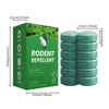 A box containing twelve green rodent repellent balls for indoor and outdoor use.