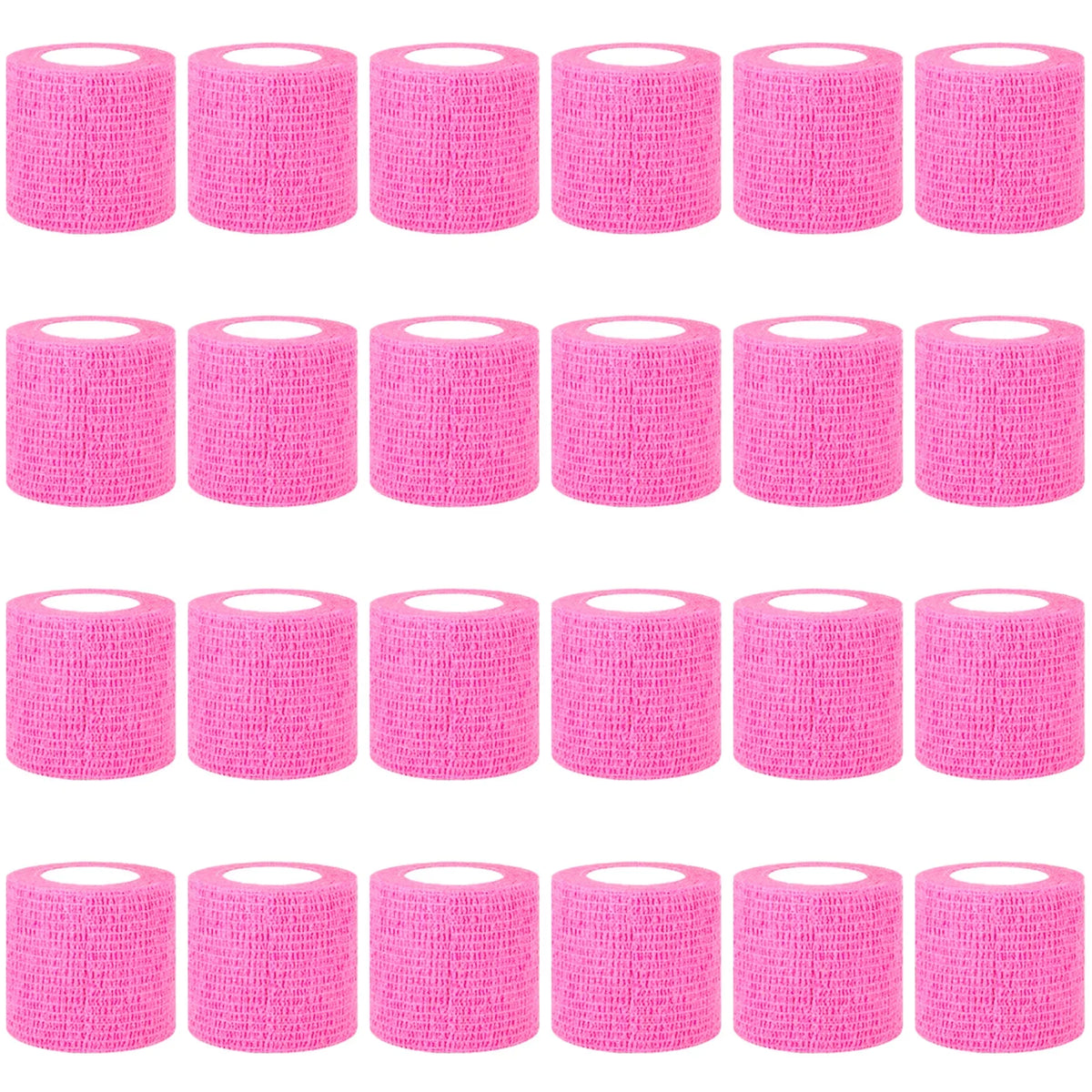 A grid of pink, rolled self-adhesive sports bandages.
