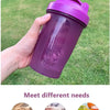 A hand holds a purple leak-proof shaker bottle against a green grassy background, with options for protein powder, tea, and j