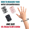 Three wrist circumference measuring bands in gray, pink, and black are shown next to a hand demonstrating the size.