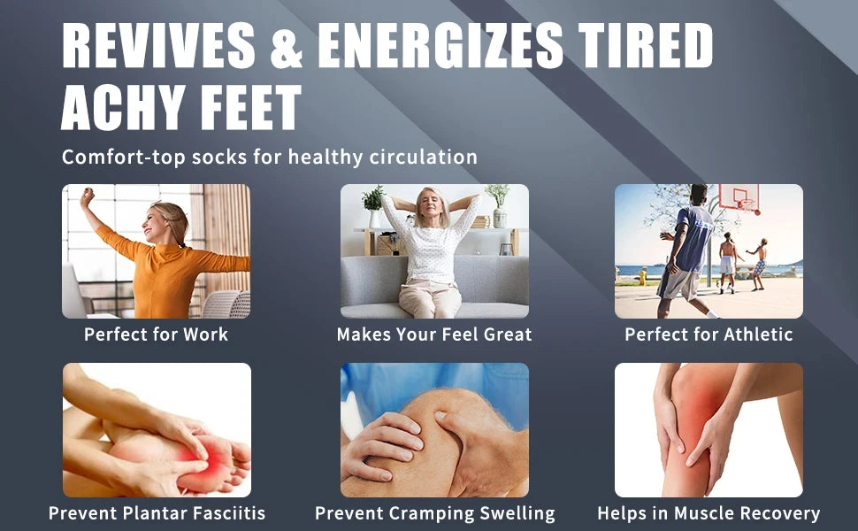 Comfort-top socks designed to revive and energize tired, achy feet for healthy circulation.