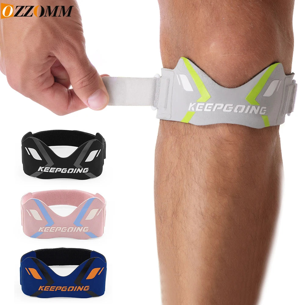Various colored adjustable patellar tendon support knee straps shown on a person's leg.