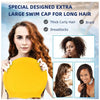 A woman models a yellow silicone swim cap designed for long hair and braids, highlighting its fit.