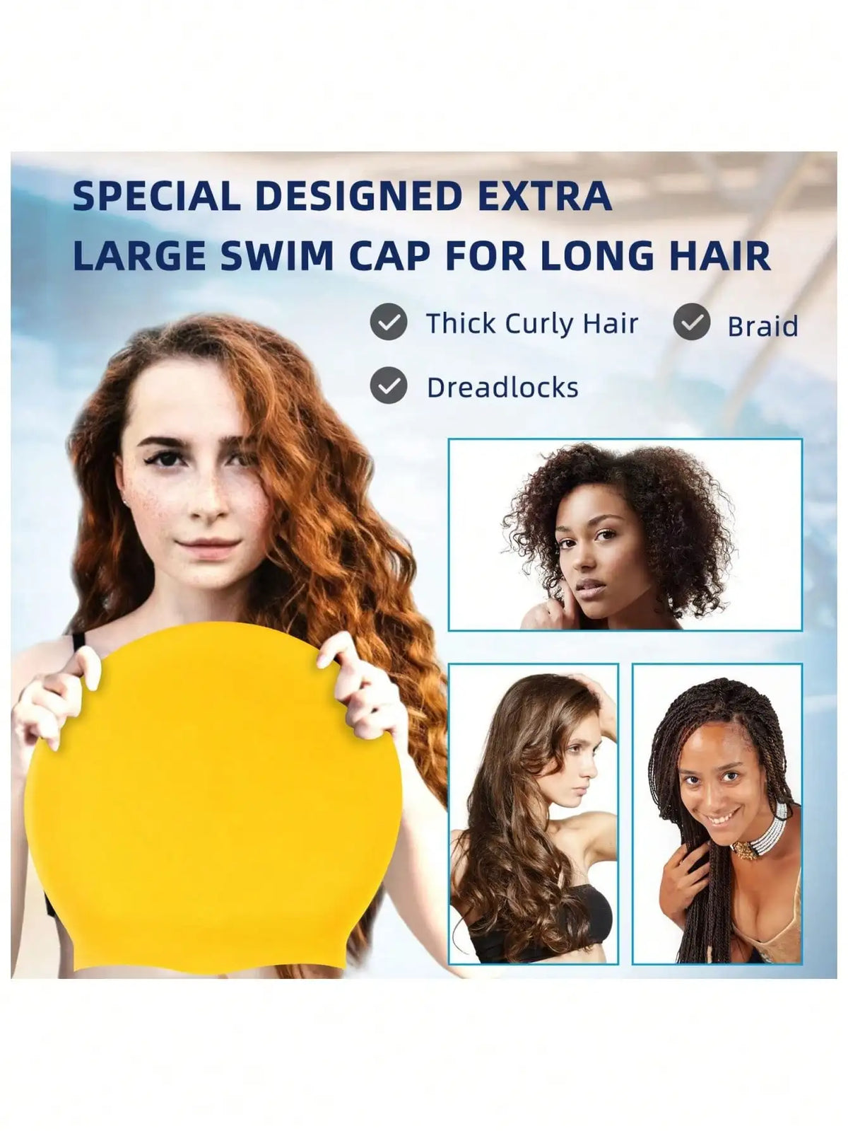 A woman models a yellow silicone swim cap designed for long hair and braids, highlighting its fit.