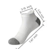A white ankle sock with a gray heel and toe, shown from the side with dimensions.