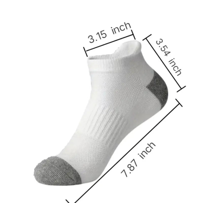 A white ankle sock with a gray heel and toe, shown from the side with dimensions.