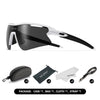 A pair of black and white AELBRO sports sunglasses shown in a product package with accessories.