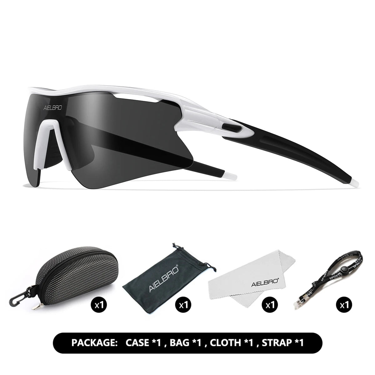A pair of black and white AELBRO sports sunglasses shown in a product package with accessories.