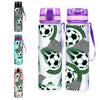 A set of four colorful water bottles featuring a green and black football pattern.