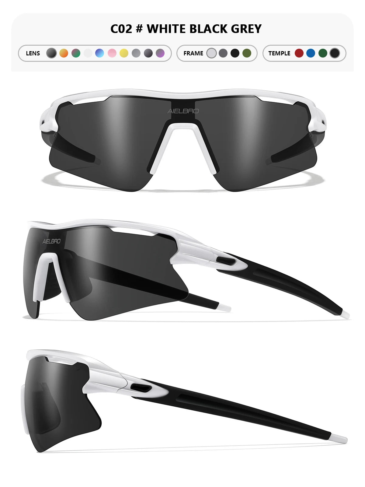 A pair of black sunglasses with white accents shown from multiple angles.