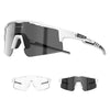 A pair of photochromic cycling sunglasses with white and black frames shown in multiple views.