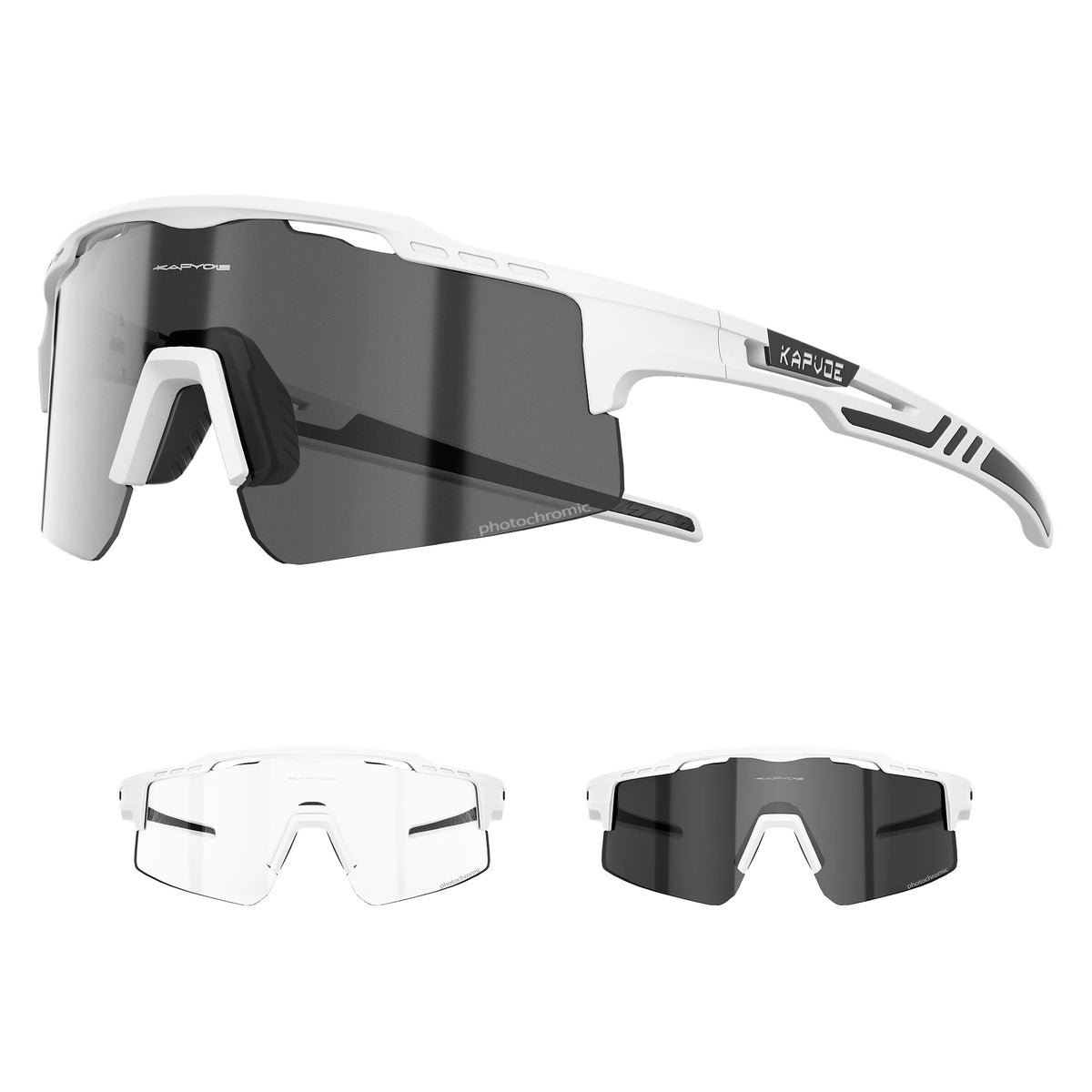 A pair of photochromic cycling sunglasses with white and black frames shown in multiple views.