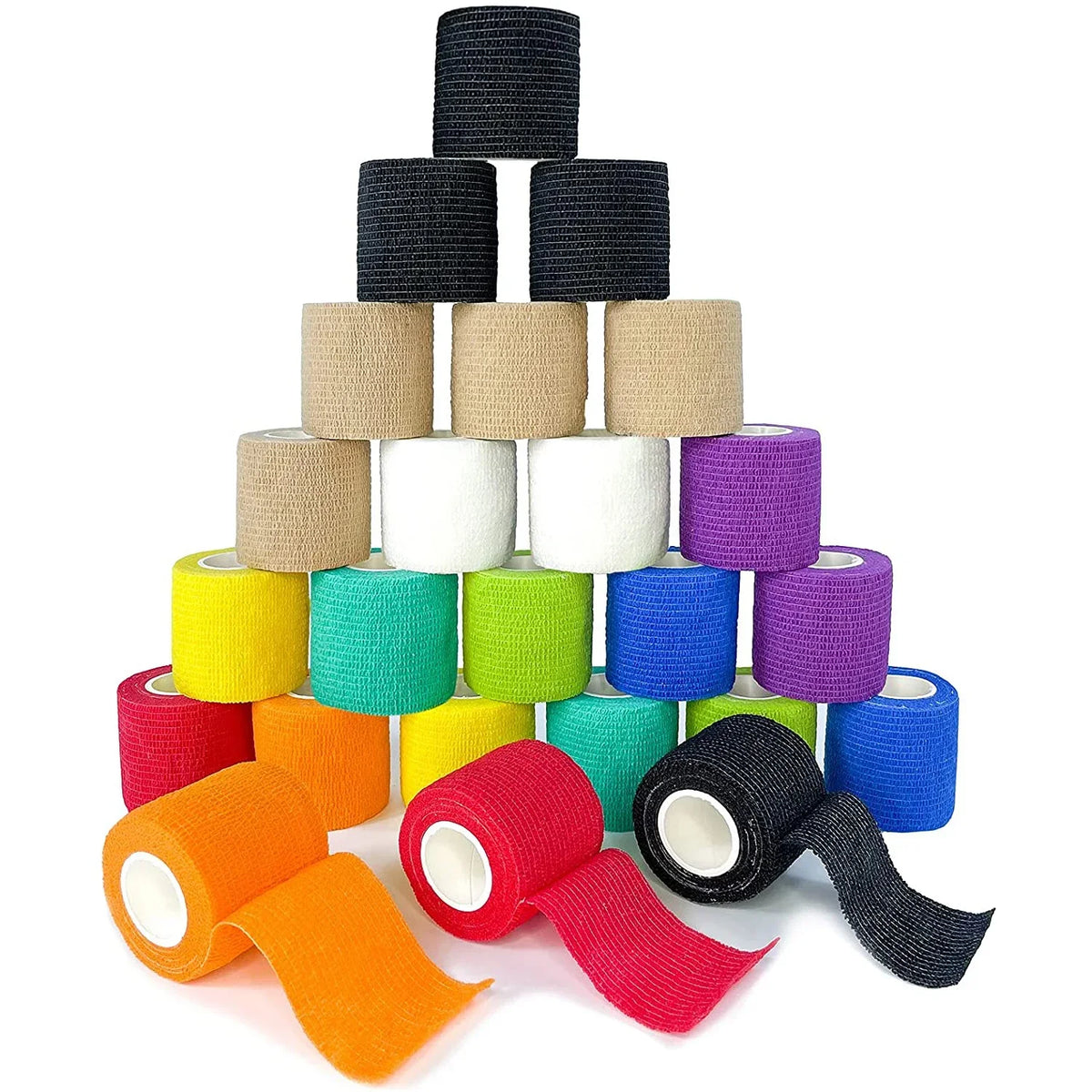 A stack of black and beige self-adhesive sports bandages in various rolls and cut shapes.