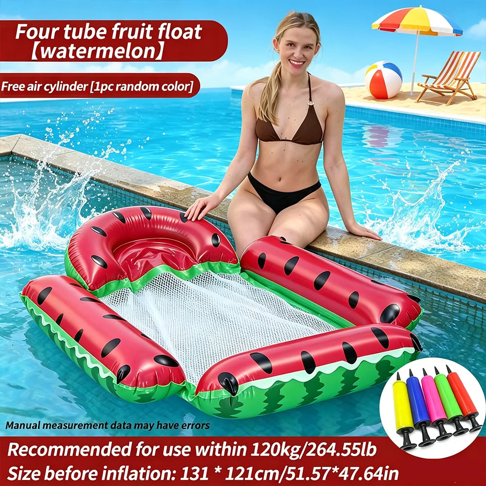 A woman is sitting on a red and green inflatable tube fruit float resting on a pool edge.