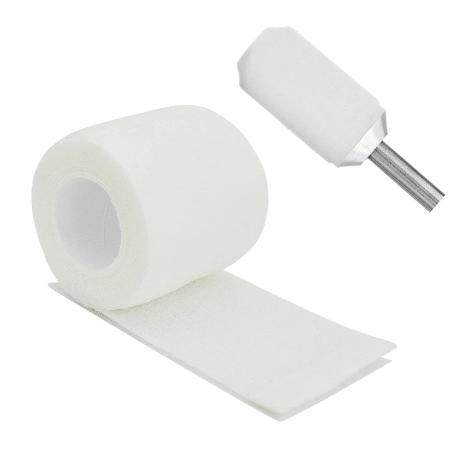Roll of white medical grade elastic bandage with a metal applicator needle.